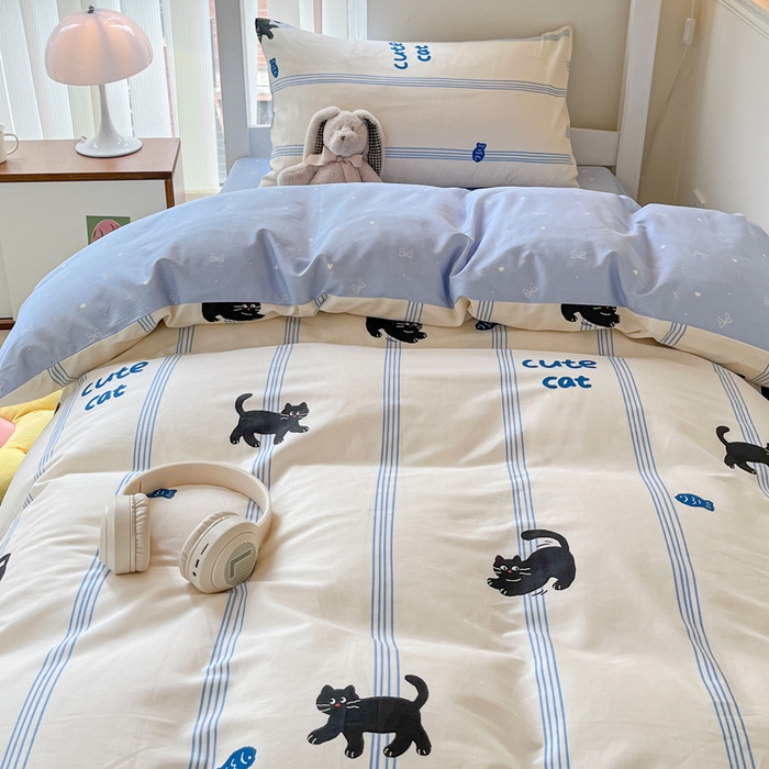 91家纺网 家纺一手货源 找家纺 雅居纺家纺 2025新款全棉纯棉印花系列学生宿舍三四件套上下铺三件套 可爱小猫