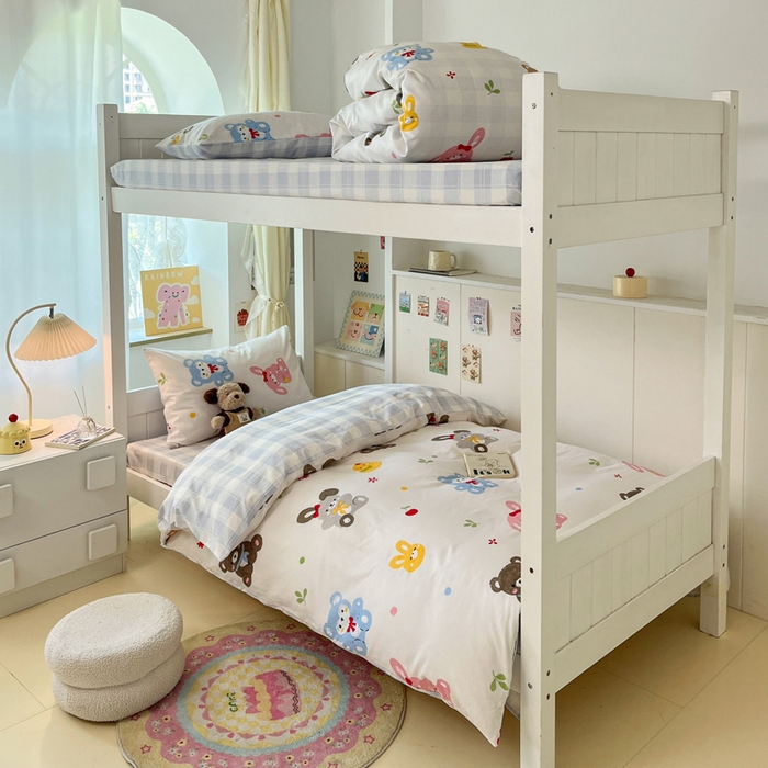 雅居纺家纺 2025新款全棉纯棉印花系列学生宿舍三四件套上下铺三件套 兔兔跟熊