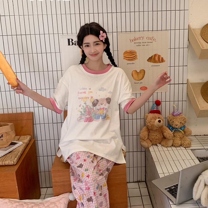 91家纺网 家纺一手货源 找家纺 （总）妍景家居生活馆 2025新款纯棉短袖长裤春野森会粉家居套装