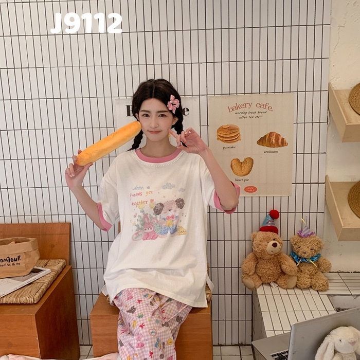 91家纺网 家纺一手货源 找家纺 （总）妍景家居生活馆 2025新款纯棉短袖长裤春野森会粉家居套装