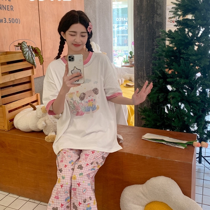 91家纺网 家纺一手货源 找家纺 （总）妍景家居生活馆 2025新款纯棉短袖长裤春野森会粉家居套装