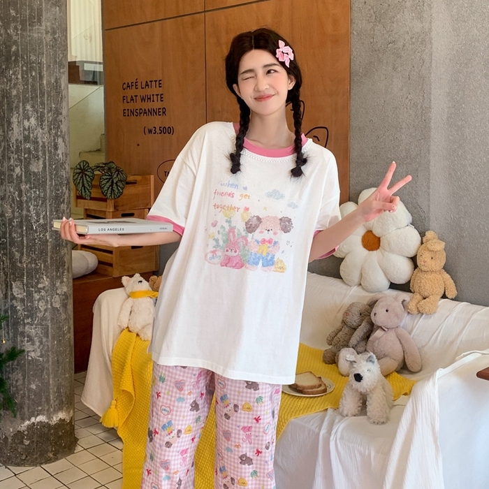 91家纺网 家纺一手货源 找家纺 （总）妍景家居生活馆 2025新款纯棉短袖长裤春野森会粉家居套装