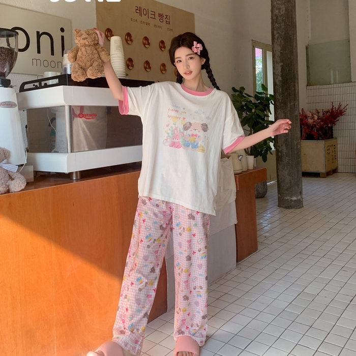 91家纺网 家纺一手货源 找家纺 （总）妍景家居生活馆 2025新款纯棉短袖长裤春野森会粉家居套装