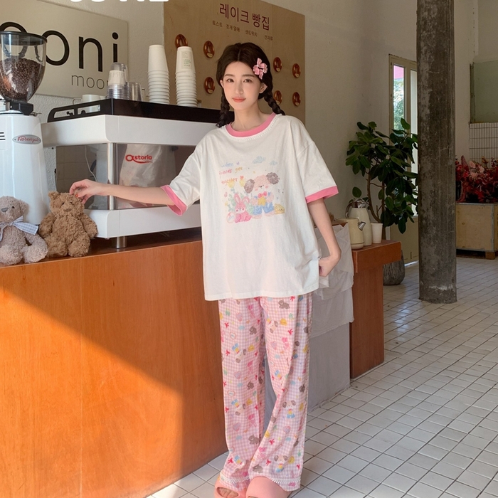 91家纺网 家纺一手货源 找家纺 （总）妍景家居生活馆 2025新款纯棉短袖长裤春野森会粉家居套装