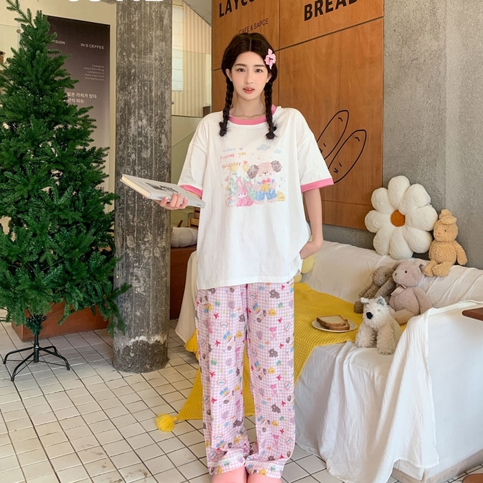 91家纺网 家纺一手货源 找家纺 （总）妍景家居生活馆 2025新款纯棉短袖长裤春野森会粉家居套装