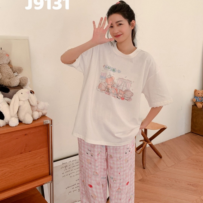 91家纺网 家纺一手货源 找家纺 妍景家居生活馆 2025新款纯棉短袖长裤甜宅心绪家居套装 9131-甜宅心绪粉