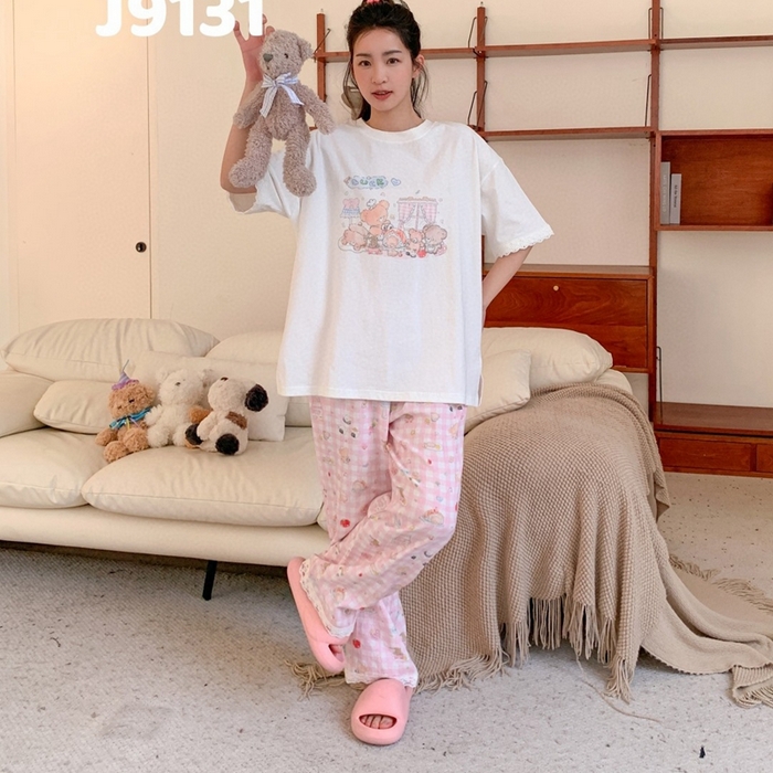 91家纺网 家纺一手货源 找家纺 妍景家居生活馆 2025新款纯棉短袖长裤甜宅心绪家居套装 9131-甜宅心绪粉