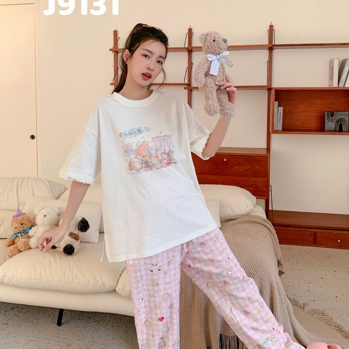 91家纺网 家纺一手货源 找家纺 妍景家居生活馆 2025新款纯棉短袖长裤甜宅心绪家居套装 9131-甜宅心绪粉