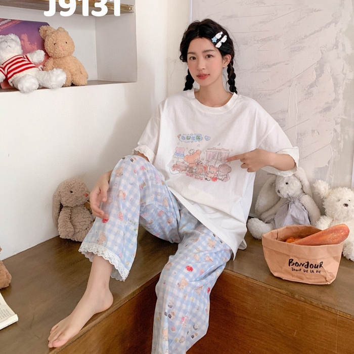 91家纺网 家纺一手货源 找家纺 妍景家居生活馆 2025新款纯棉短袖长裤甜宅心绪家居套装 9131-甜宅心绪蓝