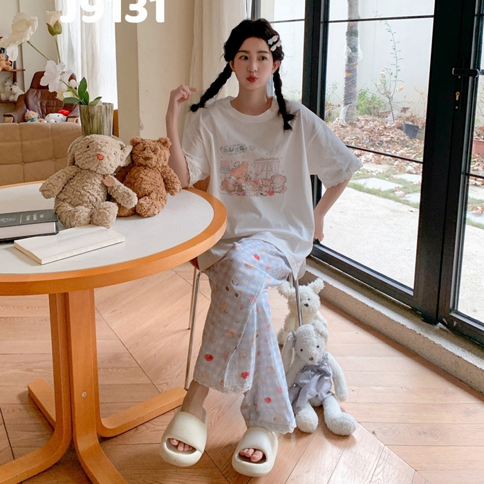 91家纺网 家纺一手货源 找家纺 妍景家居生活馆 2025新款纯棉短袖长裤甜宅心绪家居套装 9131-甜宅心绪蓝