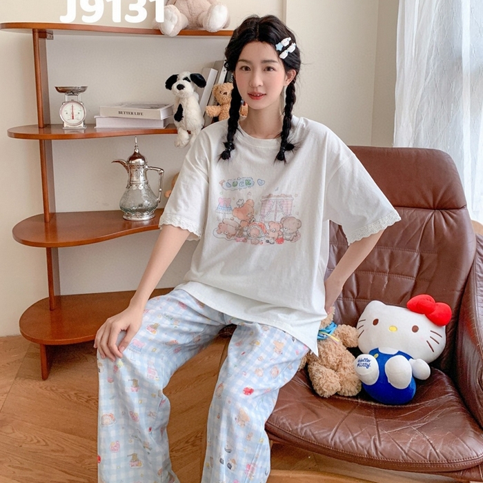 91家纺网 家纺一手货源 找家纺 妍景家居生活馆 2025新款纯棉短袖长裤甜宅心绪家居套装 9131-甜宅心绪蓝