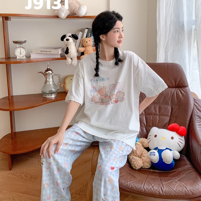 91家纺网 家纺一手货源 找家纺 妍景家居生活馆 2025新款纯棉短袖长裤甜宅心绪家居套装 9131-甜宅心绪蓝