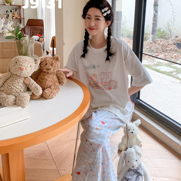 91家纺网 家纺一手货源 找家纺 妍景家居生活馆 2025新款纯棉短袖长裤甜宅心绪家居套装 9131-甜宅心绪蓝