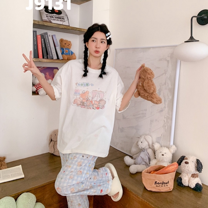 91家纺网 家纺一手货源 找家纺 妍景家居生活馆 2025新款纯棉短袖长裤甜宅心绪家居套装 9131-甜宅心绪蓝