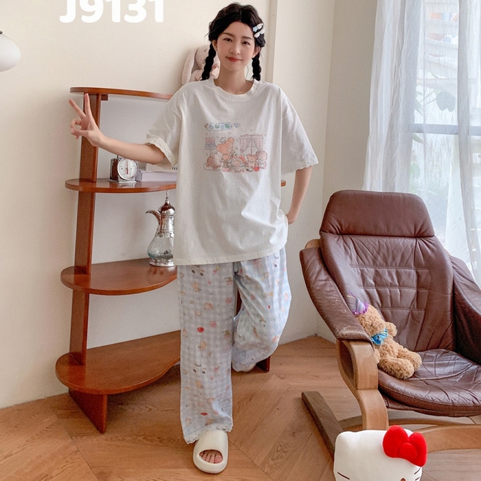 91家纺网 家纺一手货源 找家纺 妍景家居生活馆 2025新款纯棉短袖长裤甜宅心绪家居套装 9131-甜宅心绪蓝