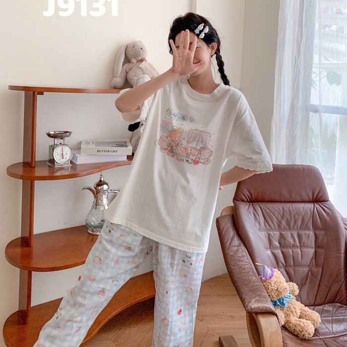 91家纺网 家纺一手货源 找家纺 妍景家居生活馆 2025新款纯棉短袖长裤甜宅心绪家居套装 9131-甜宅心绪蓝