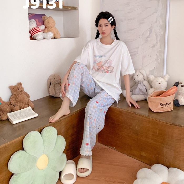 91家纺网 家纺一手货源 找家纺 妍景家居生活馆 2025新款纯棉短袖长裤甜宅心绪家居套装 9131-甜宅心绪蓝