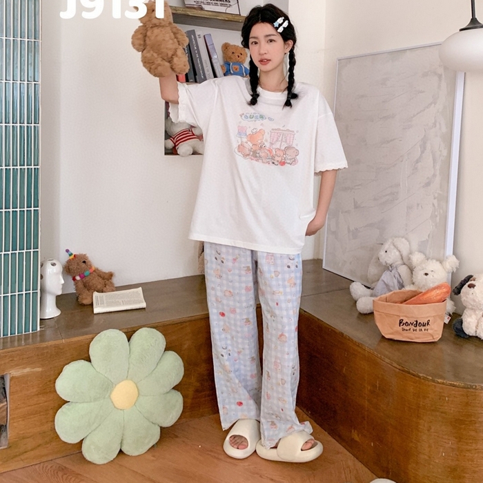 91家纺网 家纺一手货源 找家纺 妍景家居生活馆 2025新款纯棉短袖长裤甜宅心绪家居套装 9131-甜宅心绪蓝