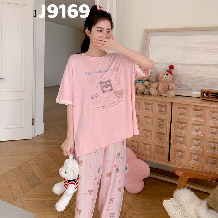 91家纺网 家纺一手货源 找家纺 （总）妍景家居生活馆 2025新款纯棉短袖长裤夏目轻歌粉家居套装