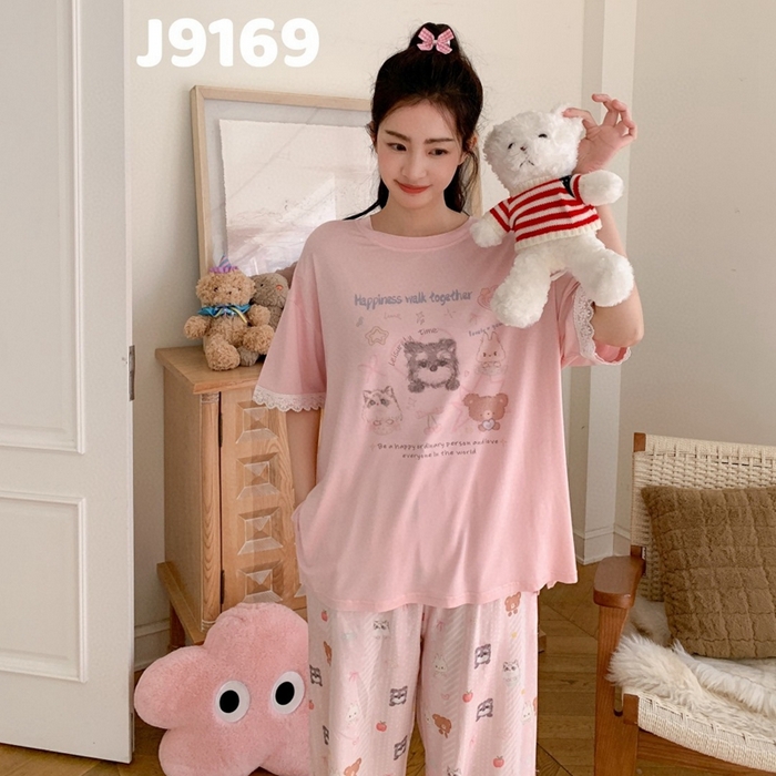 91家纺网 家纺一手货源 找家纺 （总）妍景家居生活馆 2025新款纯棉短袖长裤夏目轻歌粉家居套装