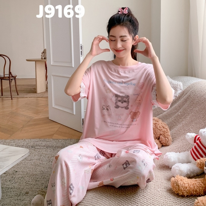 91家纺网 家纺一手货源 找家纺 （总）妍景家居生活馆 2025新款纯棉短袖长裤夏目轻歌粉家居套装