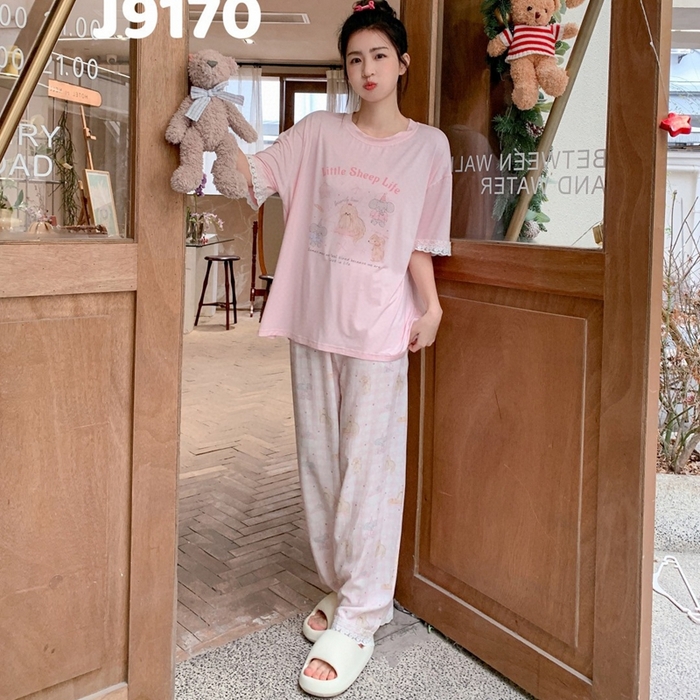 91家纺网 家纺一手货源 找家纺 妍景家居生活馆 2025新款莫代尔短袖长裤春意梦语家居套装 9170-春意梦语粉