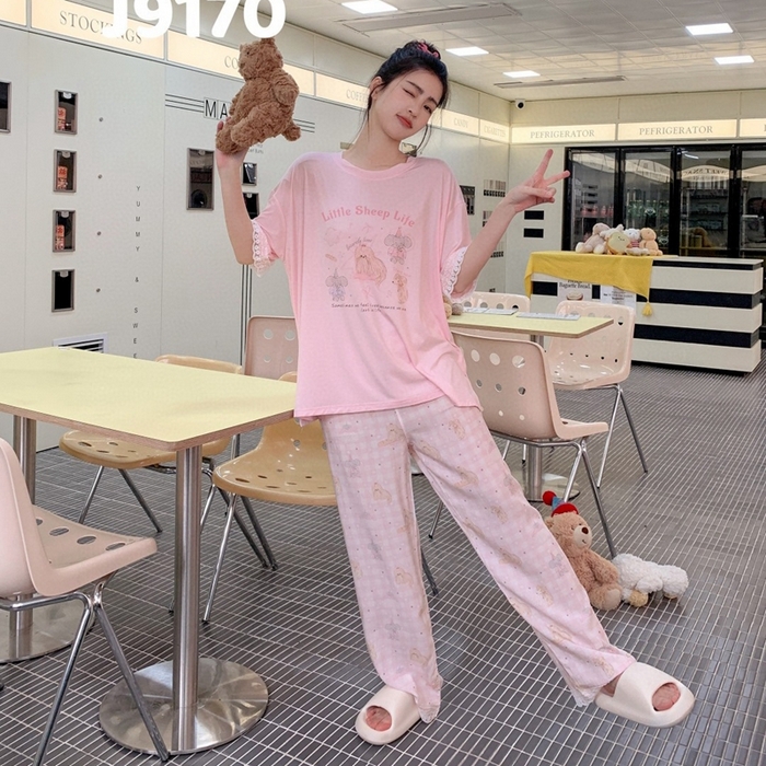 91家纺网 家纺一手货源 找家纺 妍景家居生活馆 2025新款莫代尔短袖长裤春意梦语家居套装 9170-春意梦语粉