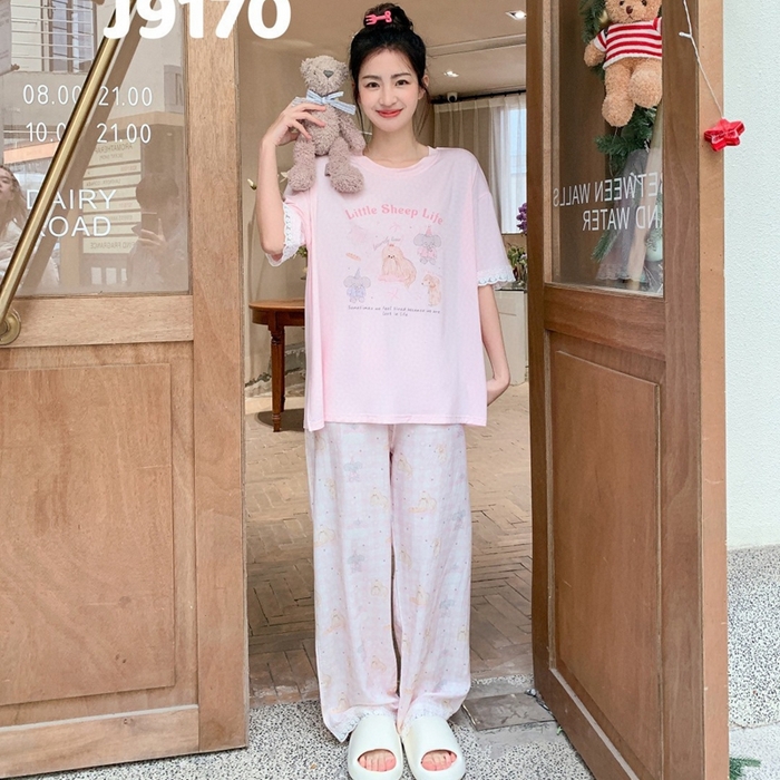 91家纺网 家纺一手货源 找家纺 妍景家居生活馆 2025新款莫代尔短袖长裤春意梦语家居套装 9170-春意梦语粉