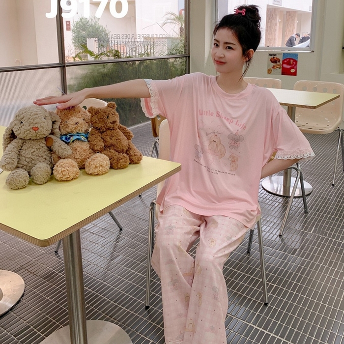 91家纺网 家纺一手货源 找家纺 妍景家居生活馆 2025新款莫代尔短袖长裤春意梦语家居套装 9170-春意梦语粉