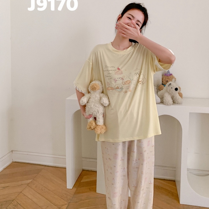 妍景家居生活馆 2025新款莫代尔短袖长裤春意梦语家居套装 9170-春意梦语黄