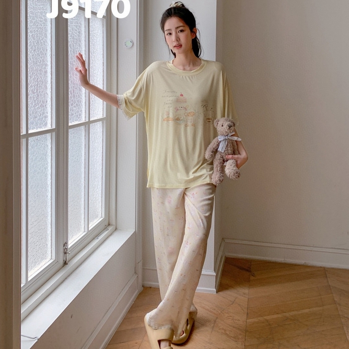 91家纺网 家纺一手货源 找家纺 妍景家居生活馆 2025新款莫代尔短袖长裤春意梦语家居套装 9170-春意梦语黄