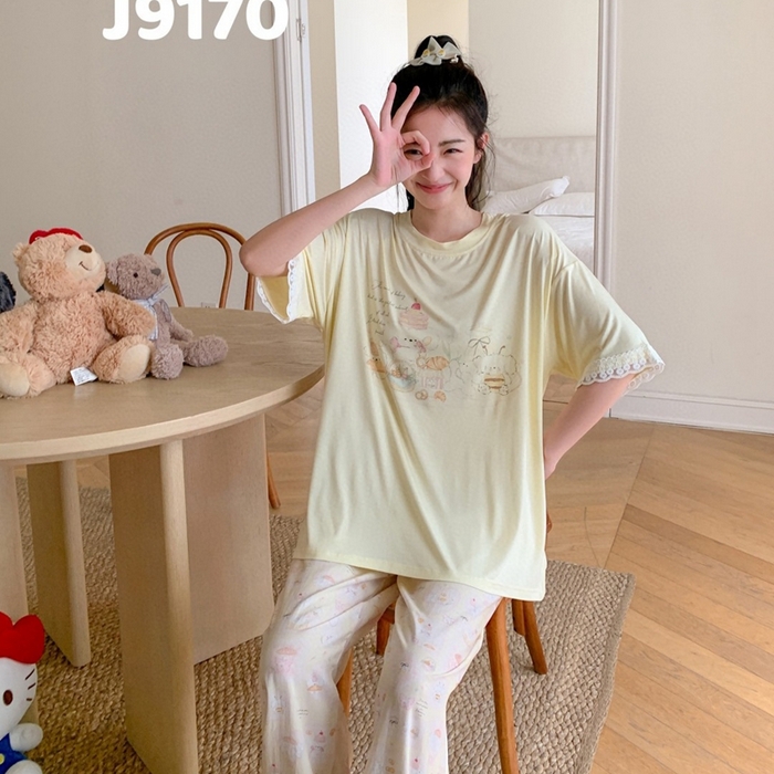 91家纺网 家纺一手货源 找家纺 妍景家居生活馆 2025新款莫代尔短袖长裤春意梦语家居套装 9170-春意梦语黄