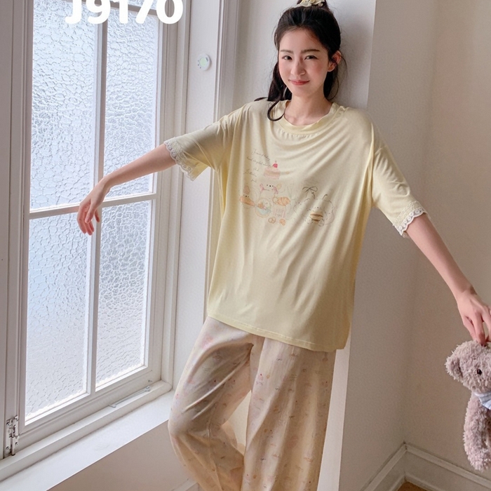 91家纺网 家纺一手货源 找家纺 妍景家居生活馆 2025新款莫代尔短袖长裤春意梦语家居套装 9170-春意梦语黄