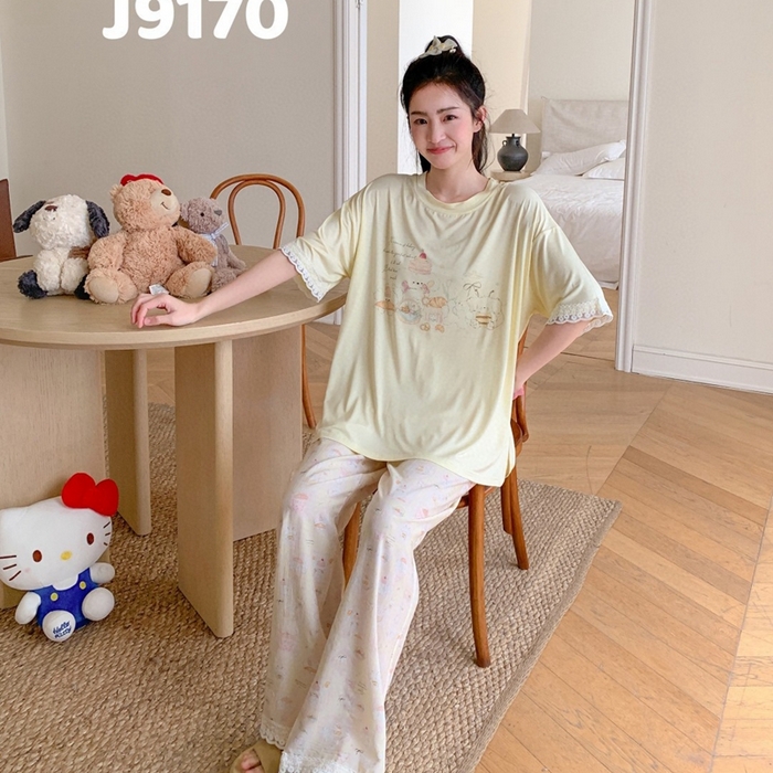 91家纺网 家纺一手货源 找家纺 妍景家居生活馆 2025新款莫代尔短袖长裤春意梦语家居套装 9170-春意梦语黄