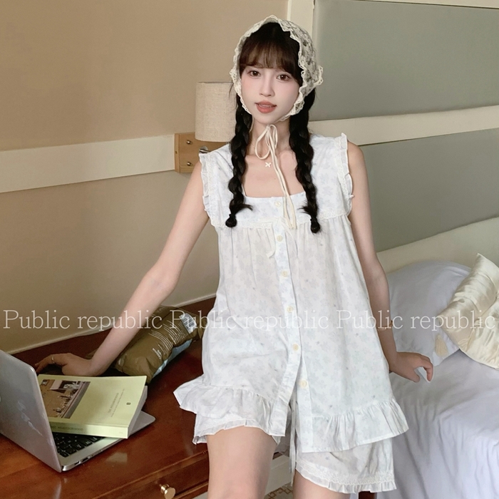 91家纺网 家纺一手货源 找家纺 妍景家居生活馆 2025新款韩系2065无袖款家居套装 白色