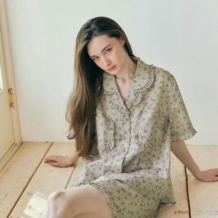 妍景家居生活馆 2025新款韩系25690碎花款家居套装 韩系25690碎花款-军绿色