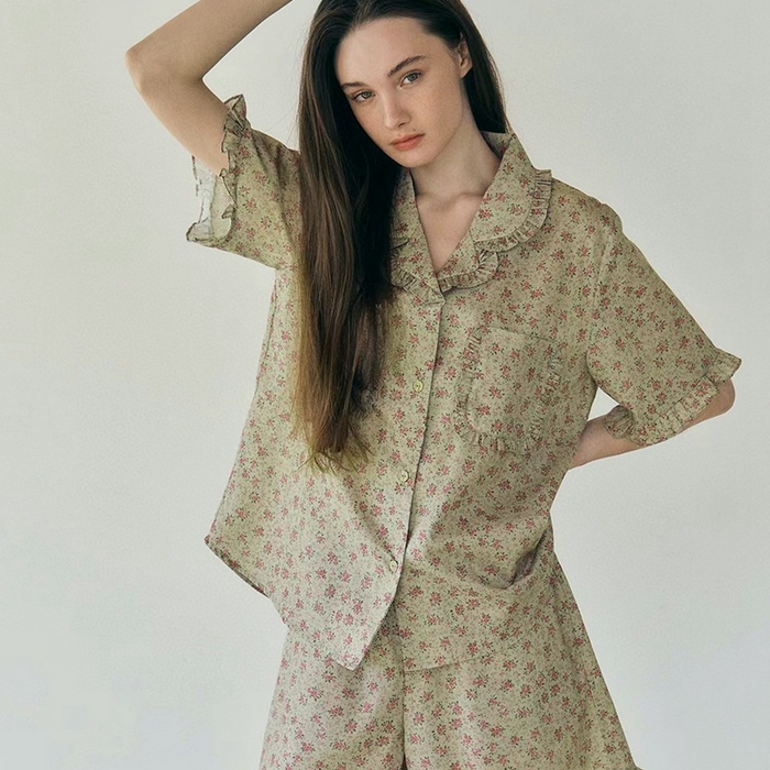 91家纺网 家纺一手货源 找家纺 妍景家居生活馆 2025新款韩系25690碎花款家居套装 韩系25690碎花款-军绿色