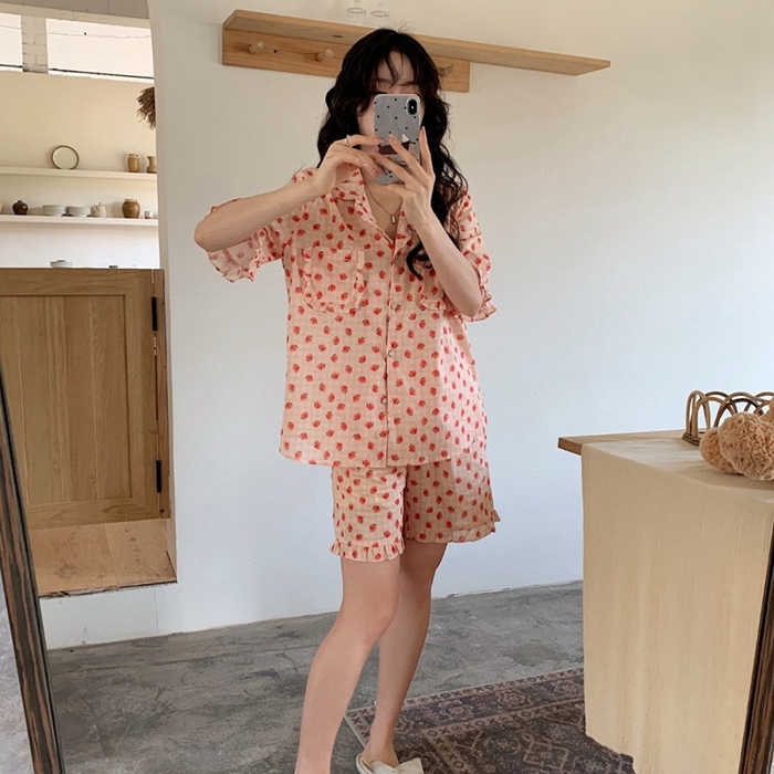 91家纺网 家纺一手货源 找家纺 妍景家居生活馆 2025新款韩系25690碎花款家居套装 韩系25690碎花款-草莓