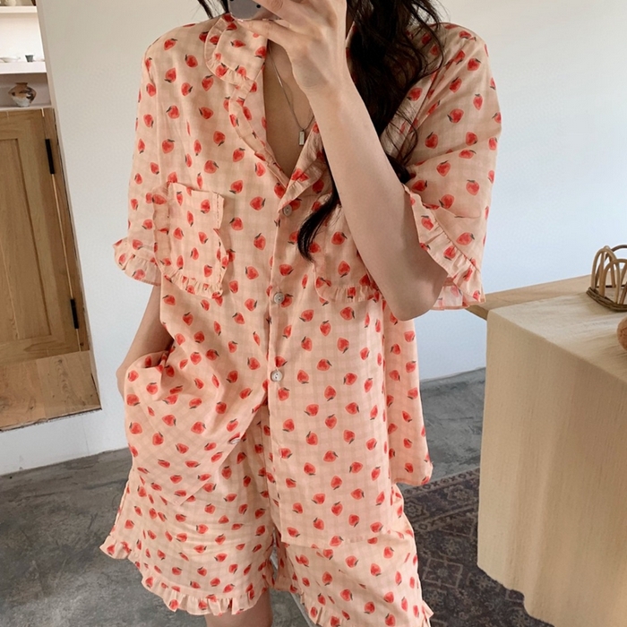 91家纺网 家纺一手货源 找家纺 妍景家居生活馆 2025新款韩系25690碎花款家居套装 韩系25690碎花款-草莓