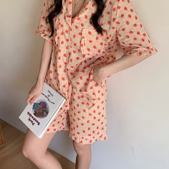 91家纺网 家纺一手货源 找家纺 妍景家居生活馆 2025新款韩系25690碎花款家居套装 韩系25690碎花款-草莓