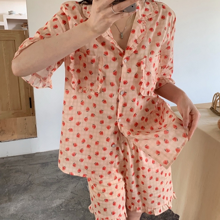 91家纺网 家纺一手货源 找家纺 妍景家居生活馆 2025新款韩系25690碎花款家居套装 韩系25690碎花款-草莓