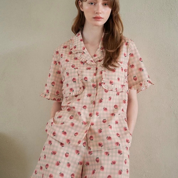 91家纺网 家纺一手货源 找家纺 妍景家居生活馆 2025新款韩系25690碎花款家居套装 韩系25690碎花款-草莓