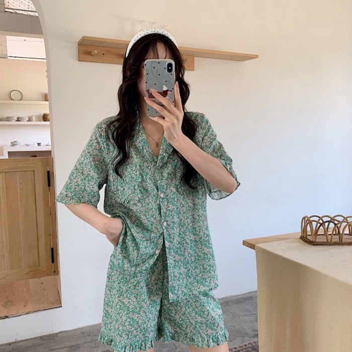 91家纺网 家纺一手货源 找家纺 妍景家居生活馆 2025新款韩系25690碎花款家居套装 韩系25690碎花款-浅绿花