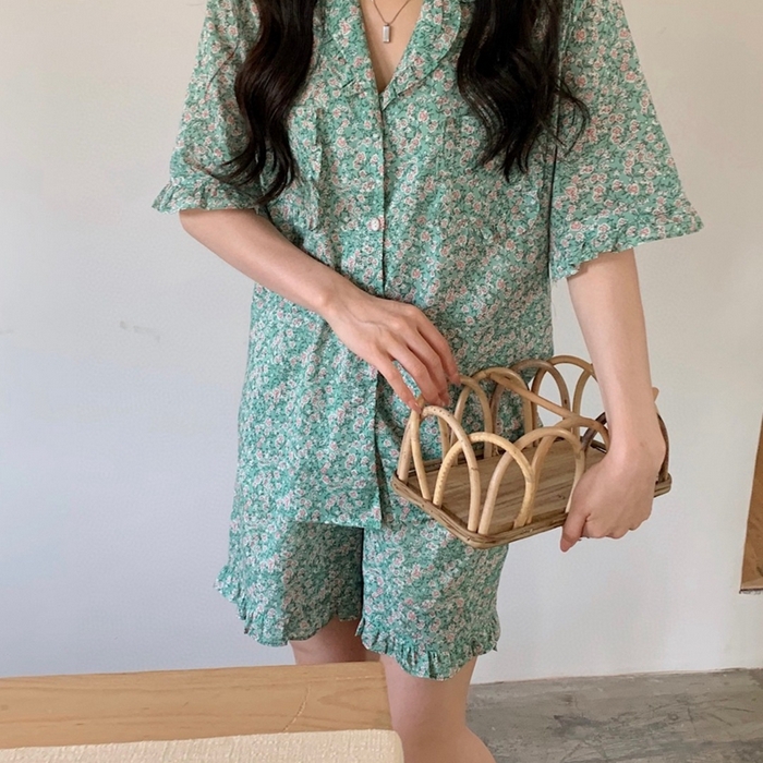 91家纺网 家纺一手货源 找家纺 妍景家居生活馆 2025新款韩系25690碎花款家居套装 韩系25690碎花款-浅绿花