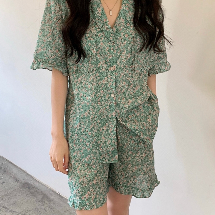 91家纺网 家纺一手货源 找家纺 妍景家居生活馆 2025新款韩系25690碎花款家居套装 韩系25690碎花款-浅绿花