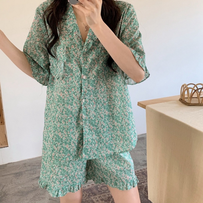 91家纺网 家纺一手货源 找家纺 妍景家居生活馆 2025新款韩系25690碎花款家居套装 韩系25690碎花款-浅绿花