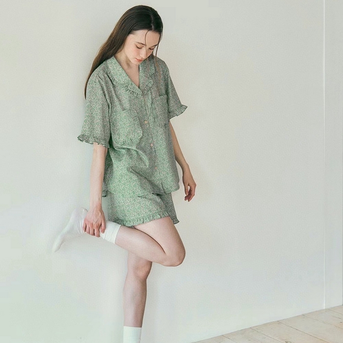 91家纺网 家纺一手货源 找家纺 妍景家居生活馆 2025新款韩系25690碎花款家居套装 韩系25690碎花款-浅绿花