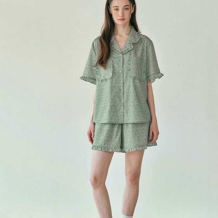 91家纺网 家纺一手货源 找家纺 妍景家居生活馆 2025新款韩系25690碎花款家居套装 韩系25690碎花款-浅绿花