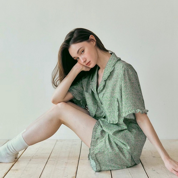 91家纺网 家纺一手货源 找家纺 妍景家居生活馆 2025新款韩系25690碎花款家居套装 韩系25690碎花款-浅绿花