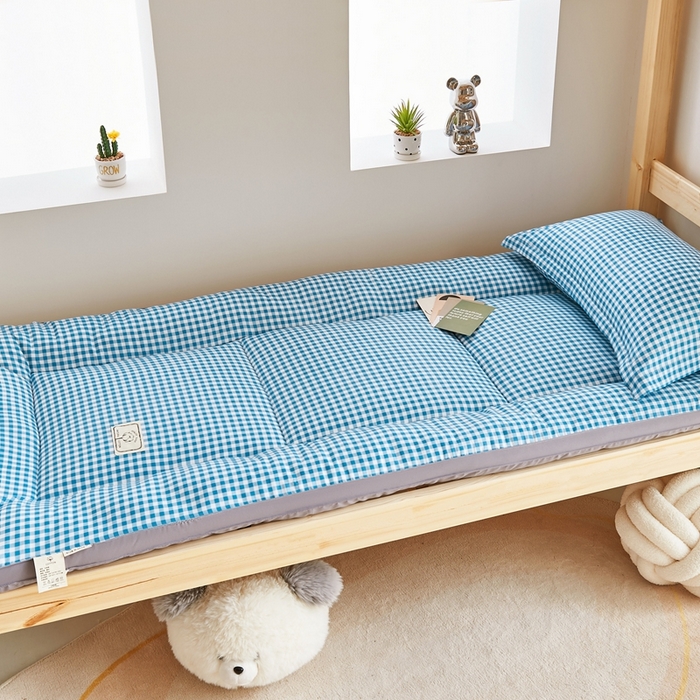 91家纺网 家纺一手货源 找家纺  默忆2025新款水洗棉新疆棉花立体抗菌床垫【抽绳袋包装】 蓝小格